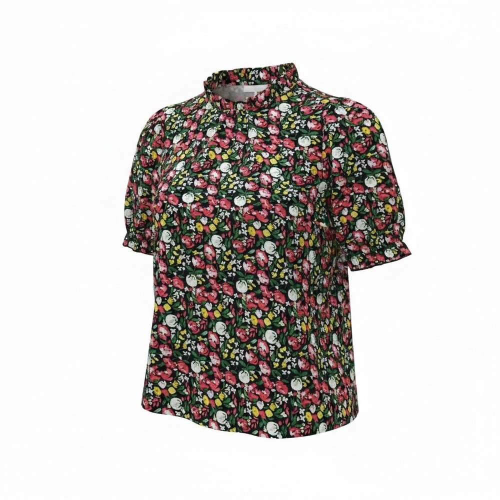 BTFBM Womens XL Floral Mock Neck Ruffle Blouse Short Puff Sleeve Black Pink Top